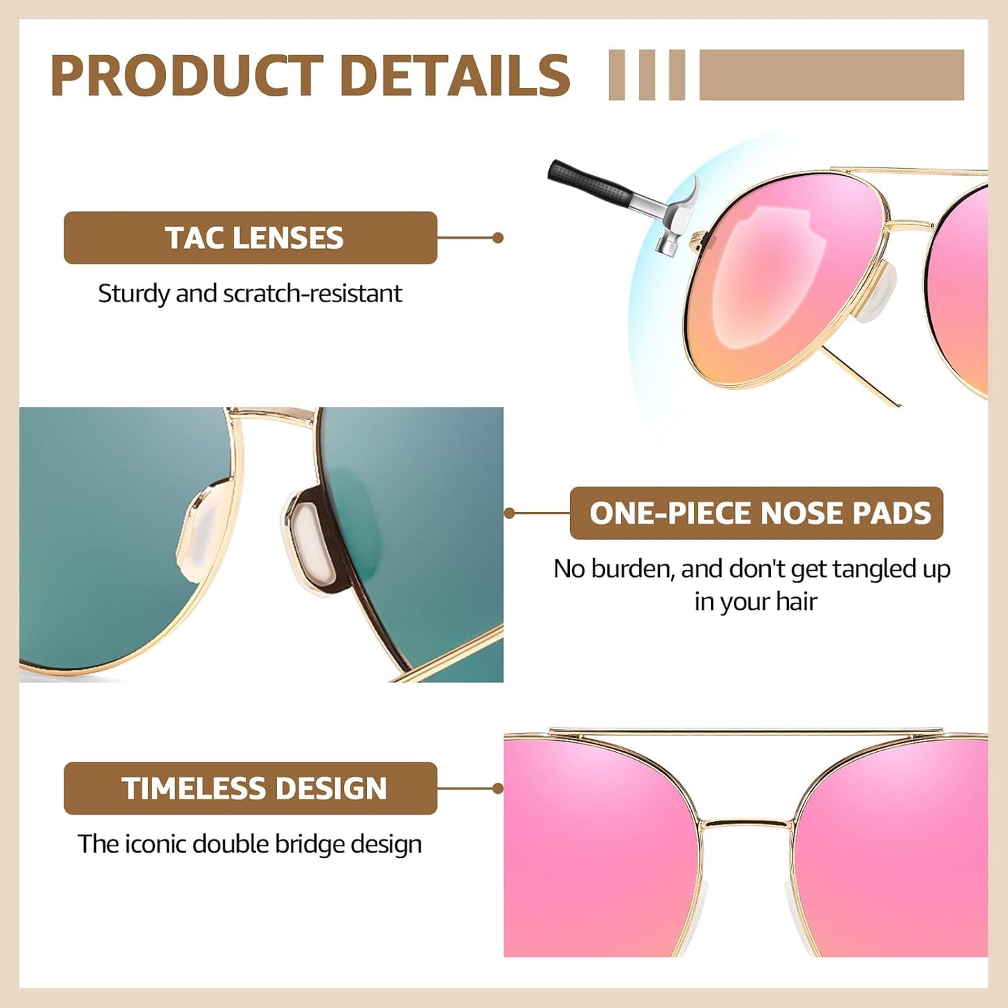 TJUTR Tangle Free Aviator Sunglasses for Women Men, Polarized UV400 Protection Trendy Shades, No-Snag Metal Frame Glasses