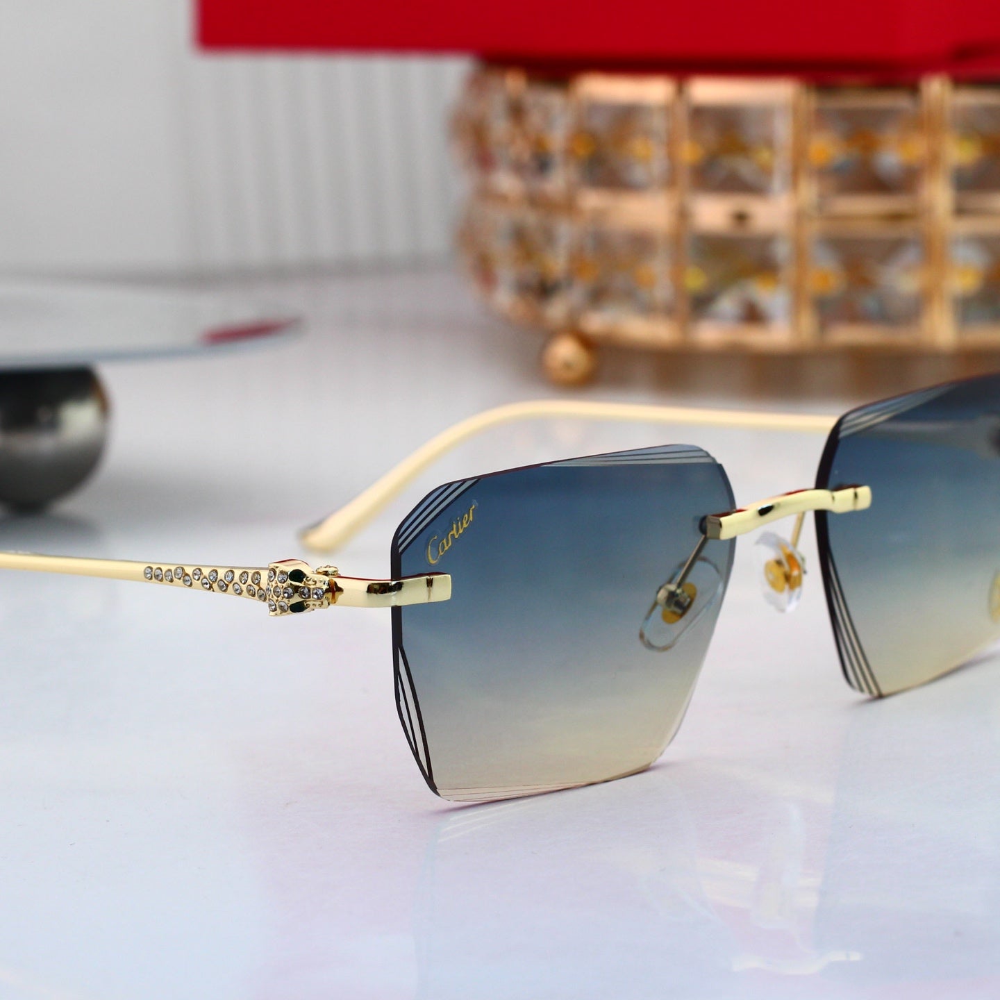 5 Color Luxury Diamond Panther Rimless Sunglasses