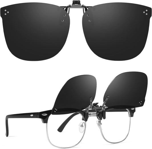 TJUTR Oversized Polarized Clip On Sunglasses Over Prescription Glasses, Flip-Up Metal Clip, Anti Glare UV Protection