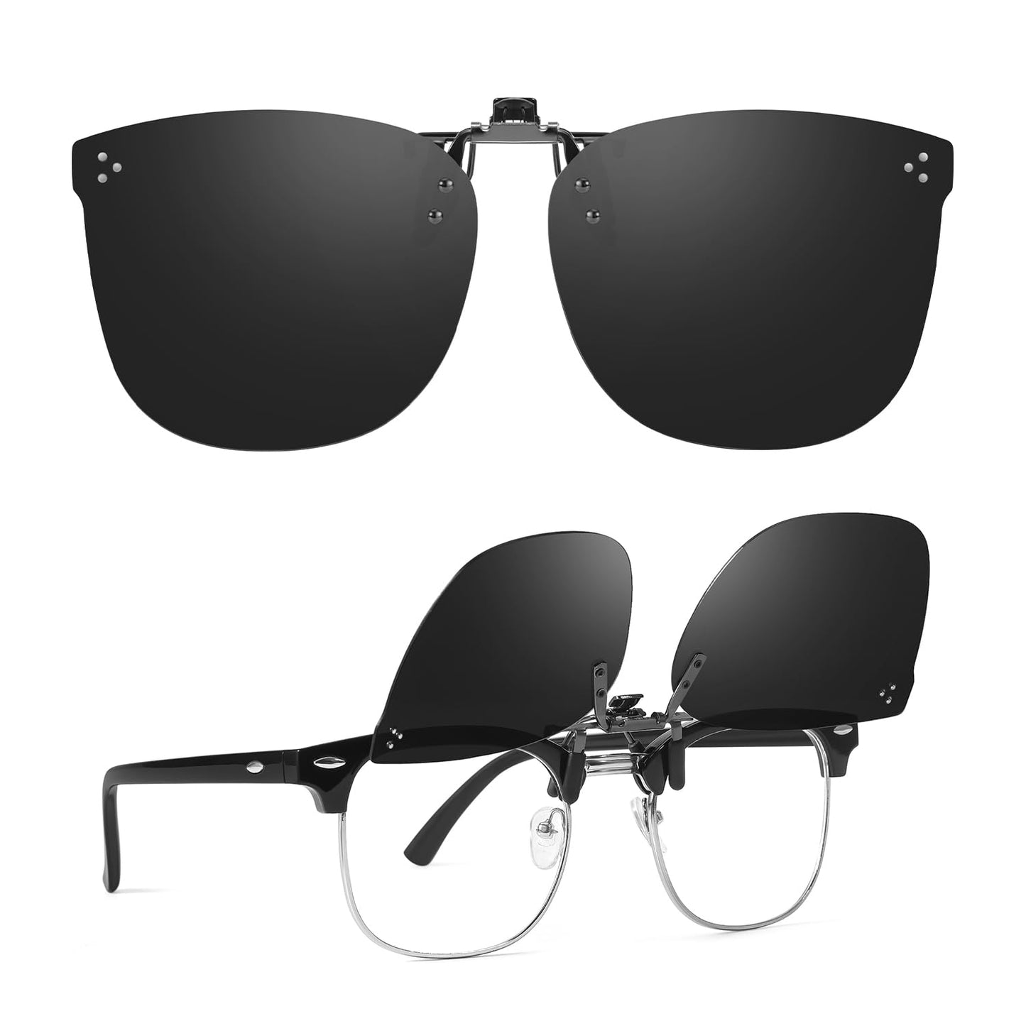 TJUTR Oversized Polarized Clip On Sunglasses Over Prescription Glasses, Flip-Up Metal Clip, Anti Glare UV Protection