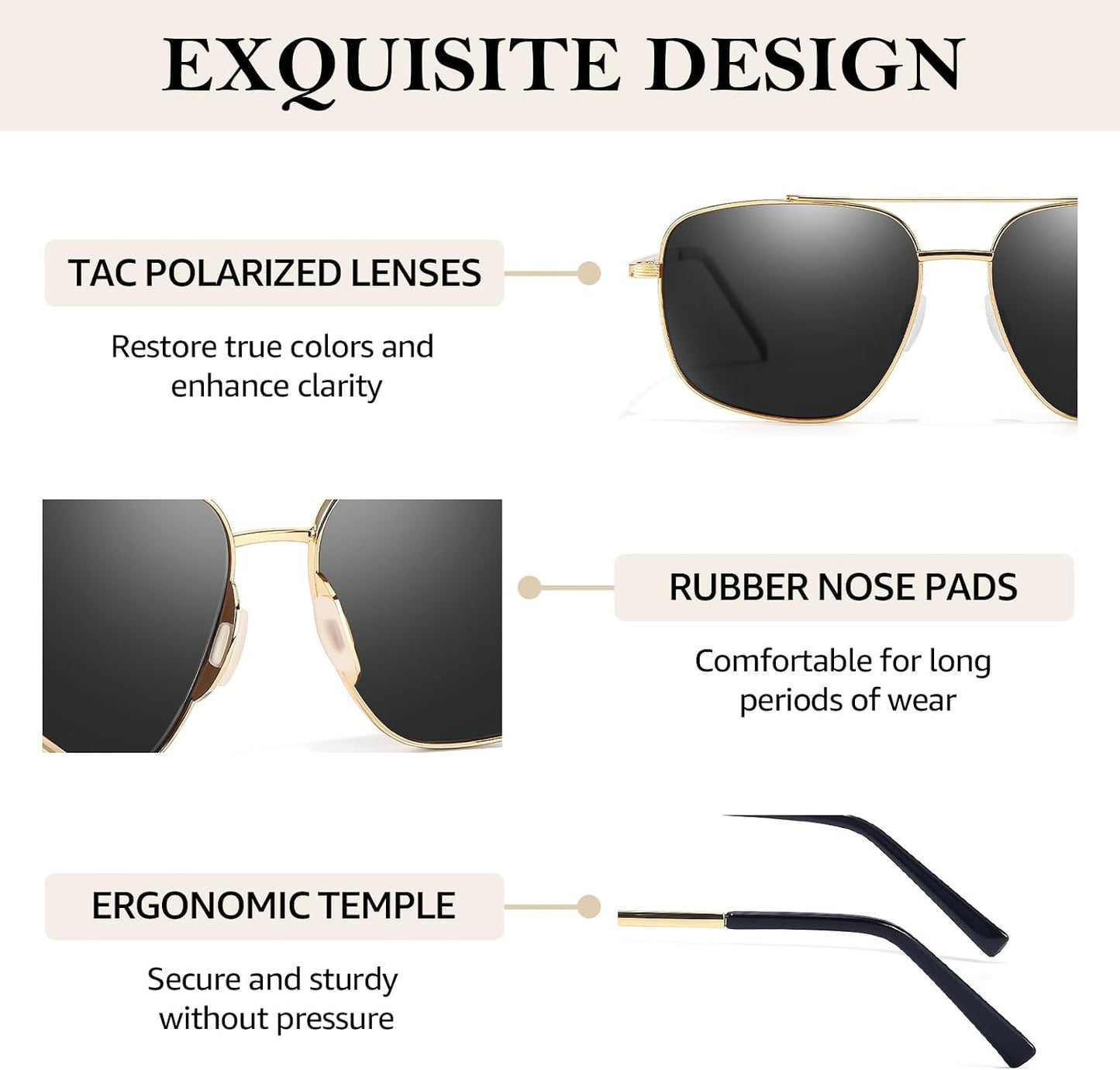 TJUTR Tangle Free Aviator Sunglasses for Women Men, Polarized UV400 Protection Sun Glasses, No-Snag Metal Frame for Outdoors