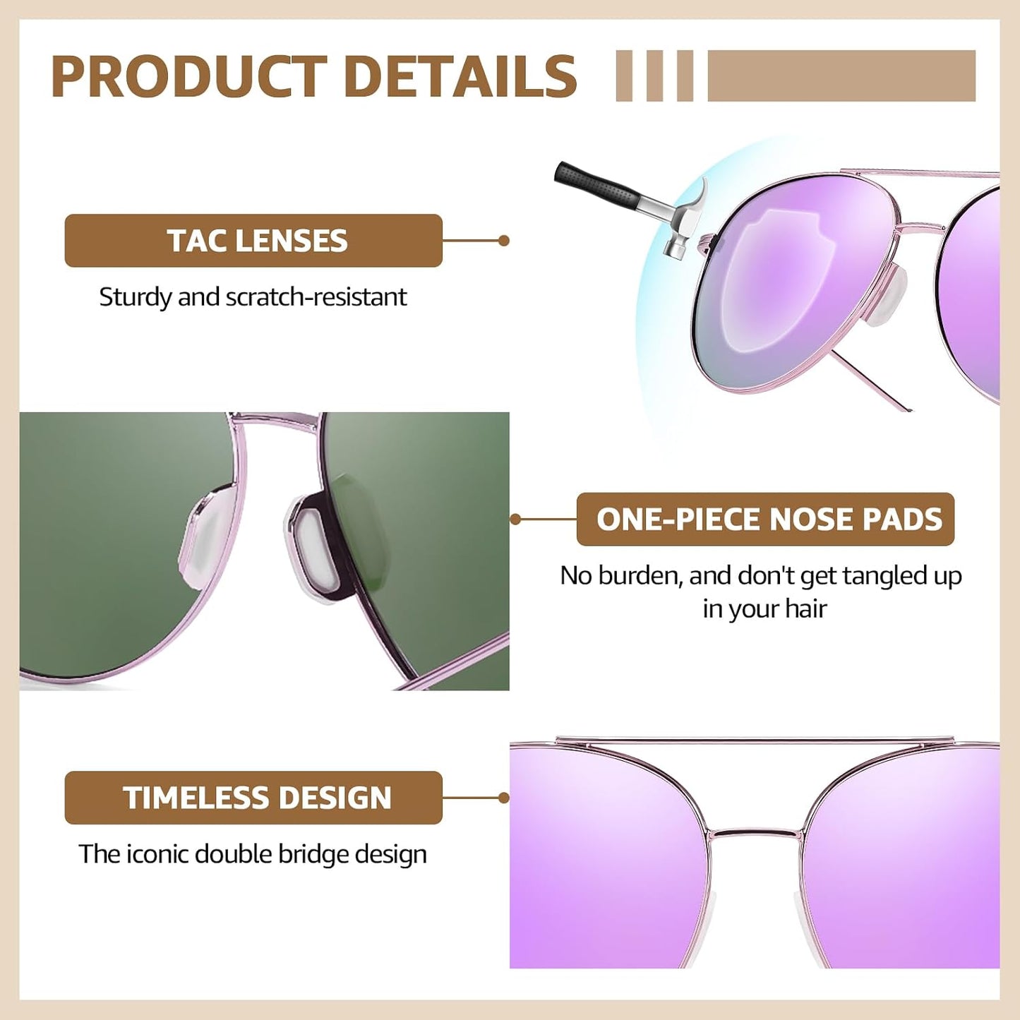 TJUTR Tangle Free Aviator Sunglasses for Women Men, Polarized UV400 Protection Trendy Shades, No-Snag Metal Frame Glasses
