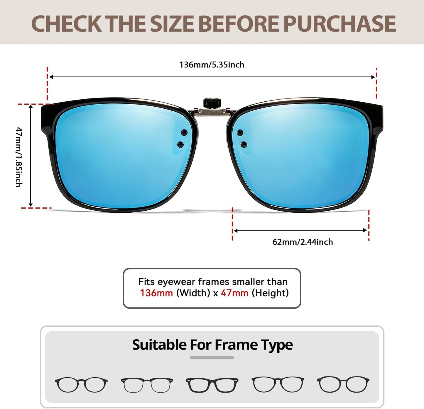 TJUTR Polarized Clip-On Sunglasses for Eyeglasses, Unisex Classic Rectangle Frame Looks Like Real Sunglasses UV400 Protection