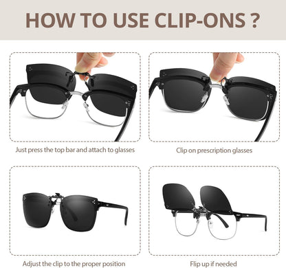 TJUTR Oversized Polarized Clip On Sunglasses Over Prescription Glasses, Flip-Up Metal Clip, Anti Glare UV Protection