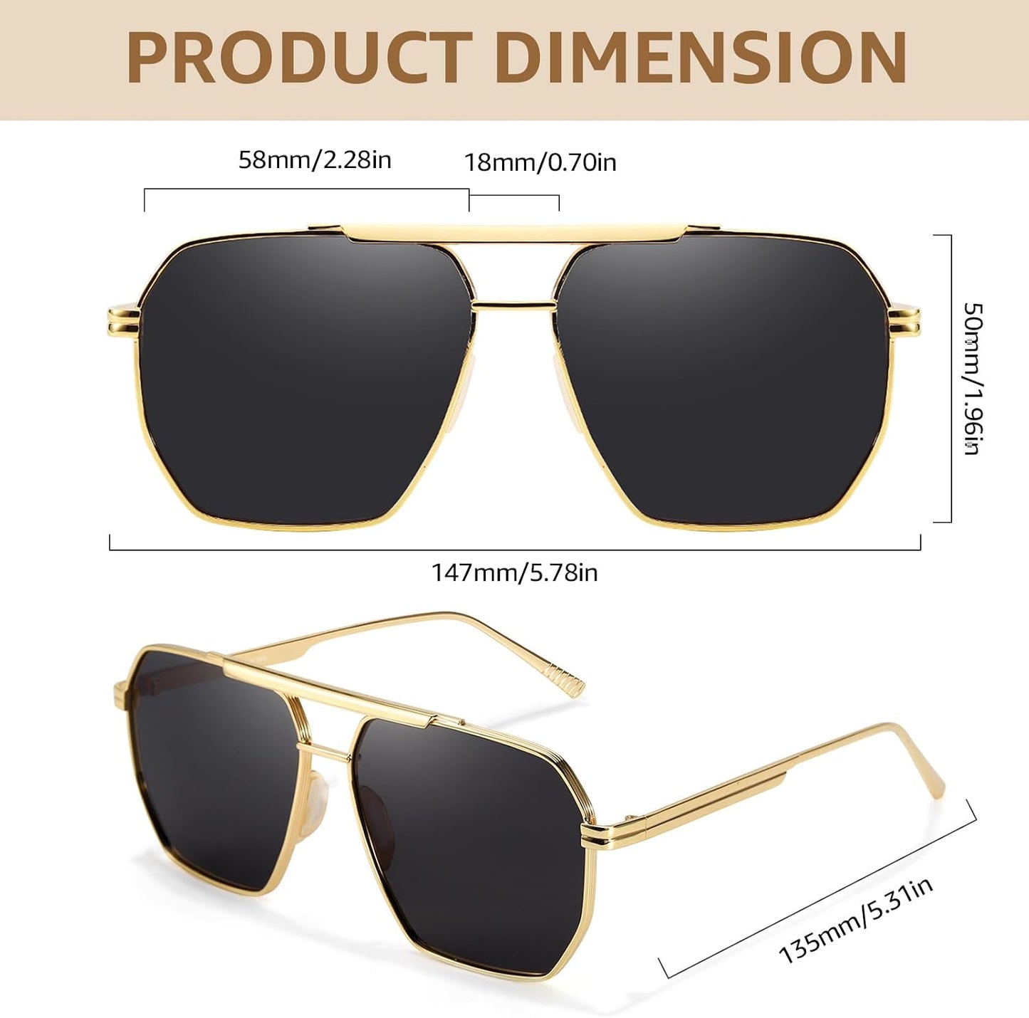 TJUTR Oversized Tangle‑Free Aviator Sunglasses for Women Men, Polarized UV400 Shades, Square Metal Frame with Double‑Bridge