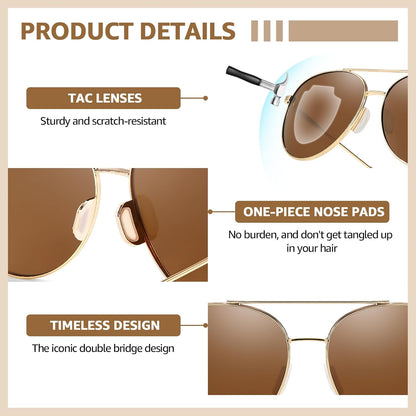 TJUTR Tangle Free Aviator Sunglasses for Women Men, Polarized UV400 Protection Trendy Shades, No-Snag Metal Frame Glasses