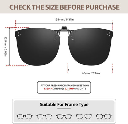 TJUTR Oversized Polarized Clip On Sunglasses Over Prescription Glasses, Flip-Up Metal Clip, Anti Glare UV Protection