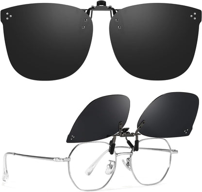 TJUTR Oversized Clip-On Sunglasses Over Prescription Glasses, Polarized UV400 Protection Flip-Up Sun Shades with Metal Clip