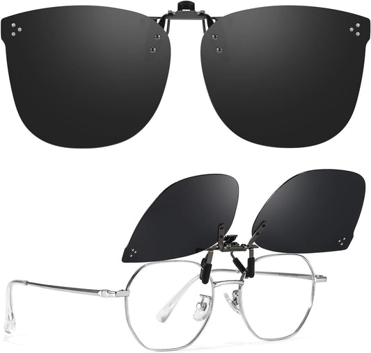 TJUTR Oversized Clip-On Sunglasses Over Prescription Glasses, Polarized UV400 Protection Flip-Up Sun Shades with Metal Clip