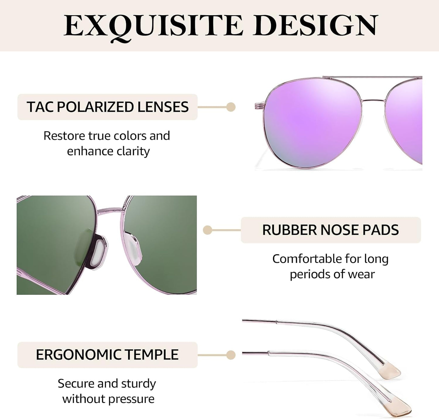 TJUTR Polarized Tangle Free Aviator Sunglasses for Women & Men, UV400 Protection Trendy Shades, No-Snag Metal Frame Glasses