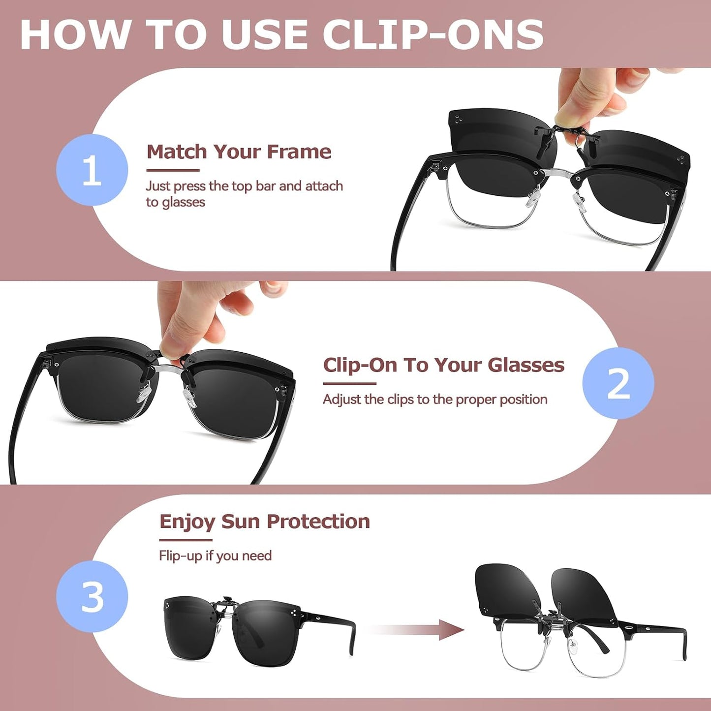 TJUTR Oversized Clip-On Sunglasses Over Prescription Glasses, Polarized UV400 Protection Flip-Up Sun Shades with Metal Clip