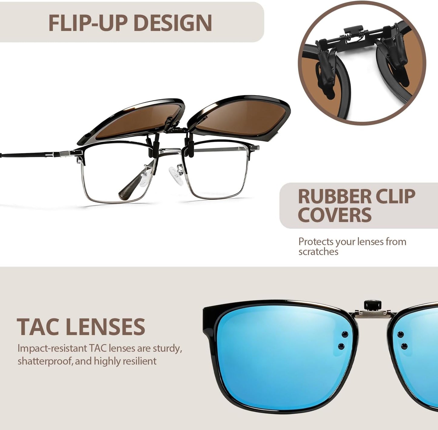 TJUTR Polarized Clip-On Sunglasses for Eyeglasses, Unisex Classic Rectangle Frame Looks Like Real Sunglasses UV400 Protection