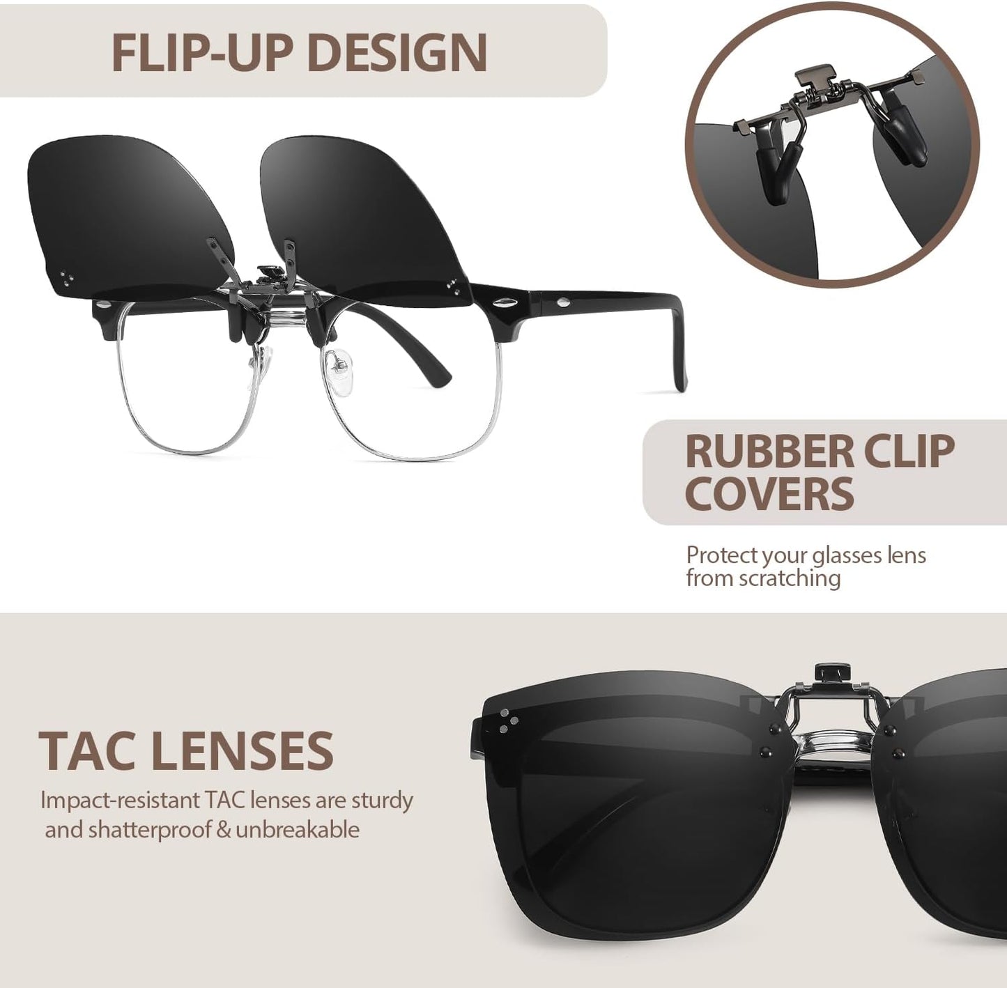 TJUTR Oversized Polarized Clip On Sunglasses Over Prescription Glasses, Flip-Up Metal Clip, Anti Glare UV Protection