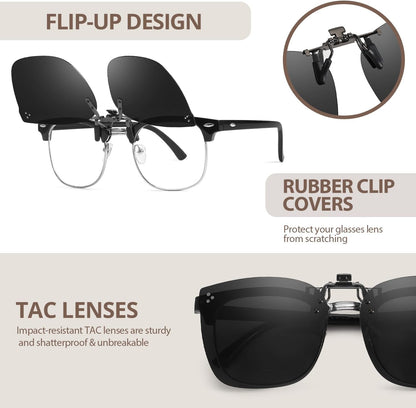 TJUTR Oversized Polarized Clip On Sunglasses Over Prescription Glasses, Flip-Up Metal Clip, Anti Glare UV Protection