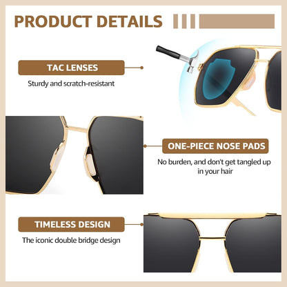 TJUTR Oversized Tangle‑Free Aviator Sunglasses for Women Men, Polarized UV400 Shades, Square Metal Frame with Double‑Bridge