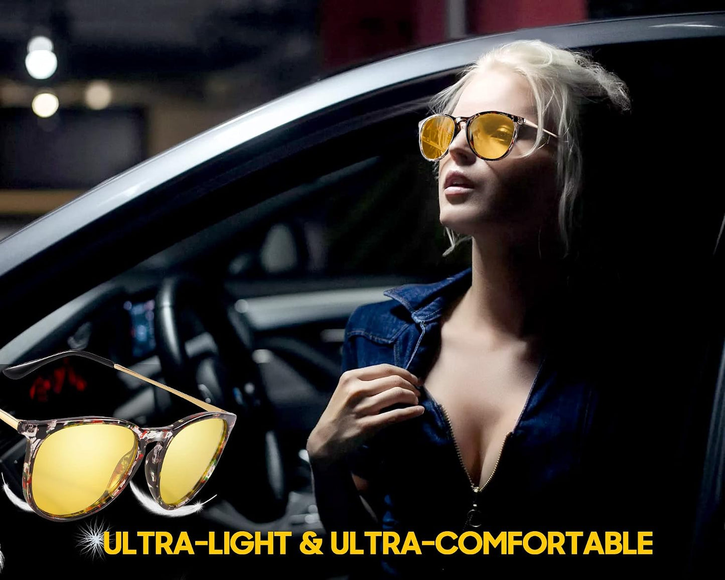 TJUTR Women's Night-Vision Glasses for Driving, Polarized Yellow Lens Reduce Glare Safety Nighttime UV Protection