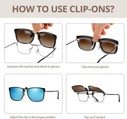 TJUTR Polarized Clip-On Sunglasses for Eyeglasses, Unisex Classic Rectangle Frame Looks Like Real Sunglasses UV400 Protection