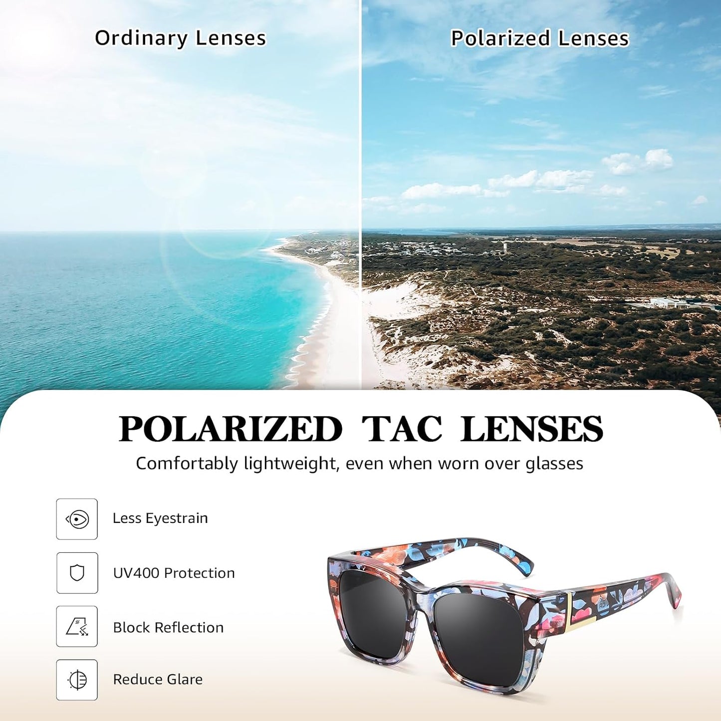 TJUTR Polarized Fit Over Sunglasses for Women Men, Oversized Square Wrap Around Sun Glasses UV400 Protection Shades TS2616