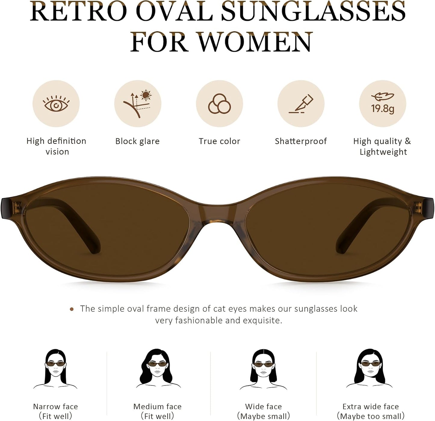 Sunglasses Womens Retro Oval Sunglasses for Women - Cat Eye 90s Glasses Y2K UV400 Lightweight Narrow Shades