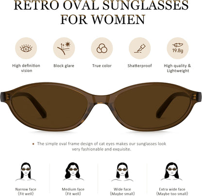 Sunglasses Womens Retro Oval Sunglasses for Women - Cat Eye 90s Glasses Y2K UV400 Lightweight Narrow Shades