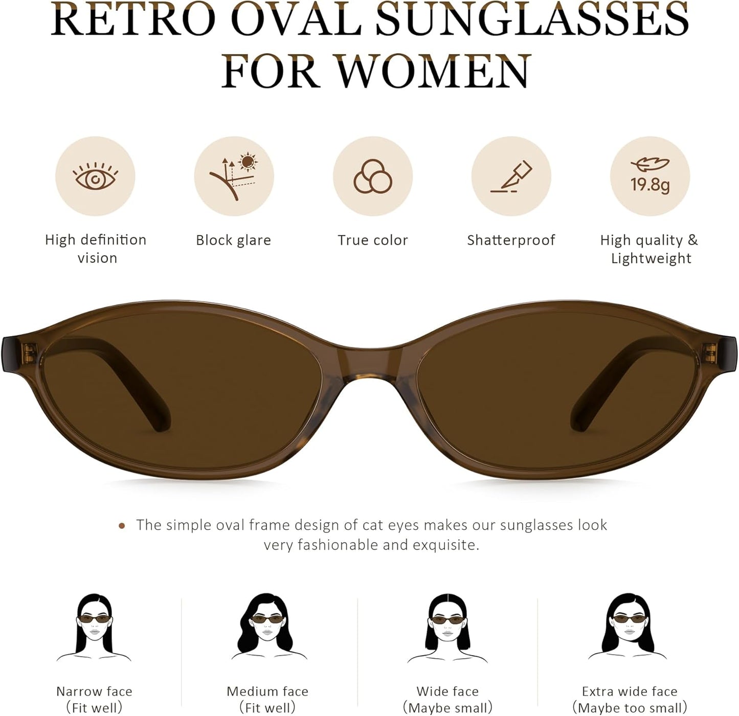Sunglasses Womens Retro Oval Sunglasses for Women - Cat Eye 90s Glasses Y2K UV400 Lightweight Narrow Shades
