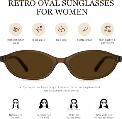 Sunglasses Womens Retro Oval Sunglasses for Women - Cat Eye 90s Glasses Y2K UV400 Lightweight Narrow Shades