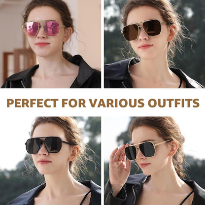 TJUTR Oversized Tangle‑Free Aviator Sunglasses for Women Men, Polarized UV400 Shades, Square Metal Frame with Double‑Bridge