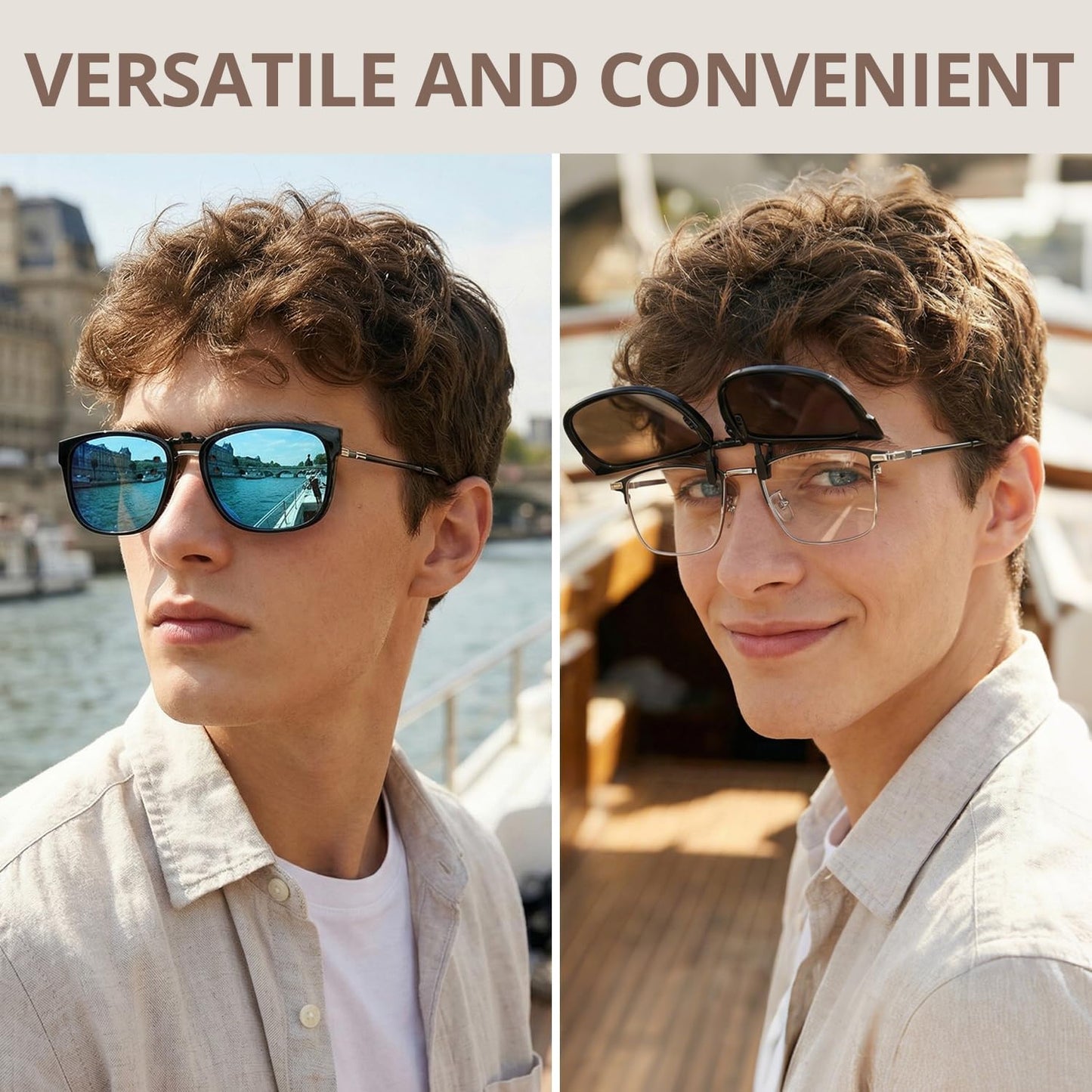 TJUTR Polarized Clip-On Sunglasses for Eyeglasses, Unisex Classic Rectangle Frame Looks Like Real Sunglasses UV400 Protection