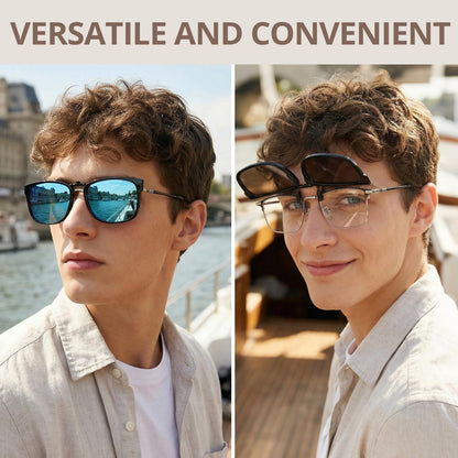 TJUTR Polarized Clip-On Sunglasses for Eyeglasses, Unisex Classic Rectangle Frame Looks Like Real Sunglasses UV400 Protection