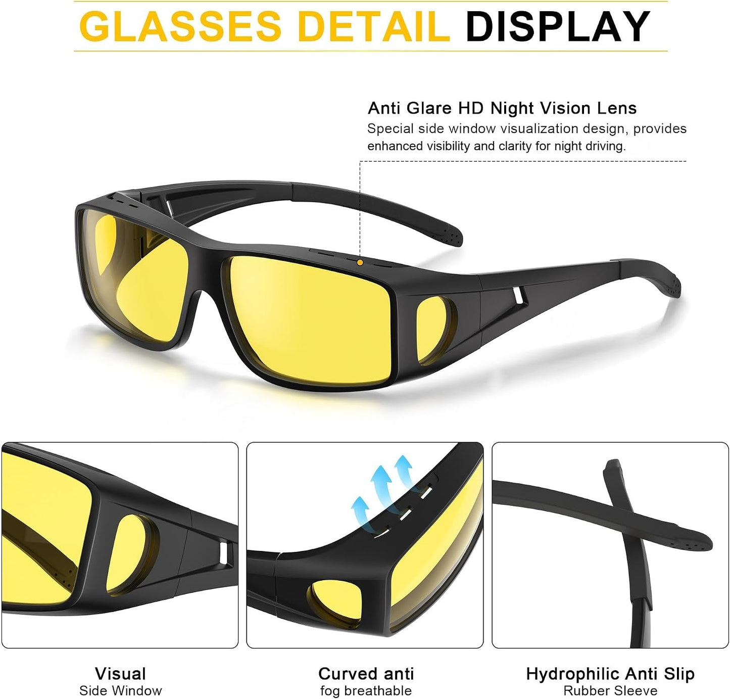 Night Driving Glasses - HD Anti Glare Wrap Around Fit Over Glasses for Men & Women Enhance Night Vision & Driving