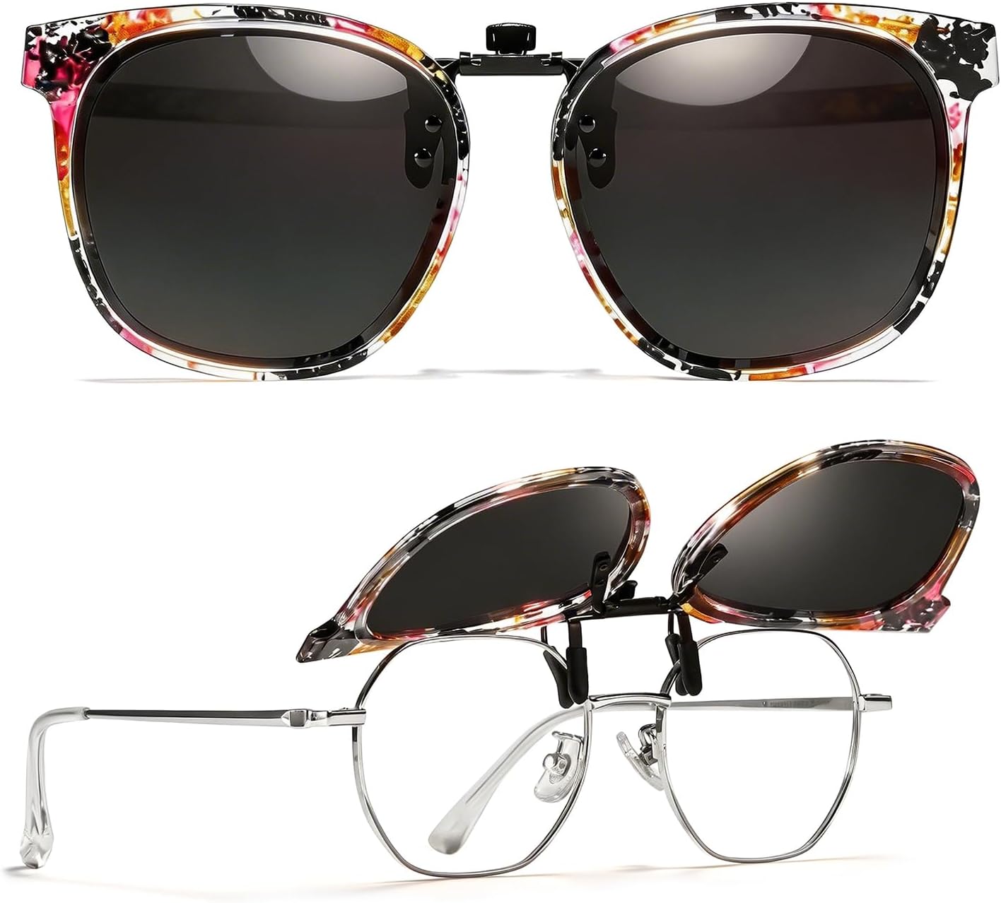 TJUTR Polarized Clip-On Sunglasses Over Prescription Glasses, Flip-Up UV400 Protection, Like Sunglasses Design for Men Women