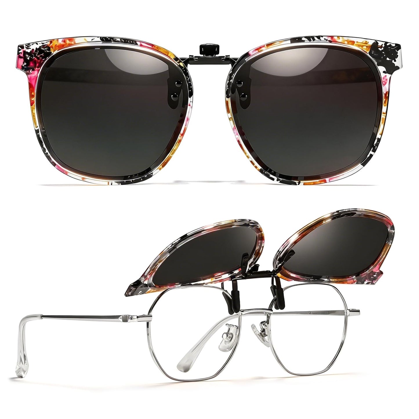TJUTR Polarized Clip-On Sunglasses Over Prescription Glasses, Flip-Up UV400 Protection, Like Sunglasses Design for Men Women