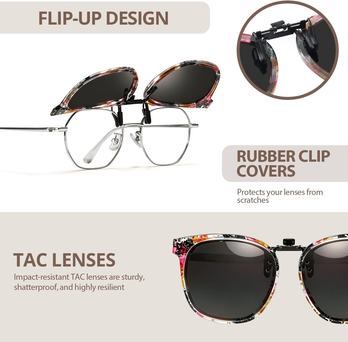 TJUTR Polarized Clip-On Sunglasses Over Prescription Glasses, Flip-Up UV400 Protection, Like Sunglasses Design for Men Women