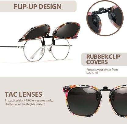 TJUTR Polarized Clip-On Sunglasses Over Prescription Glasses, Flip-Up UV400 Protection, Like Sunglasses Design for Men Women