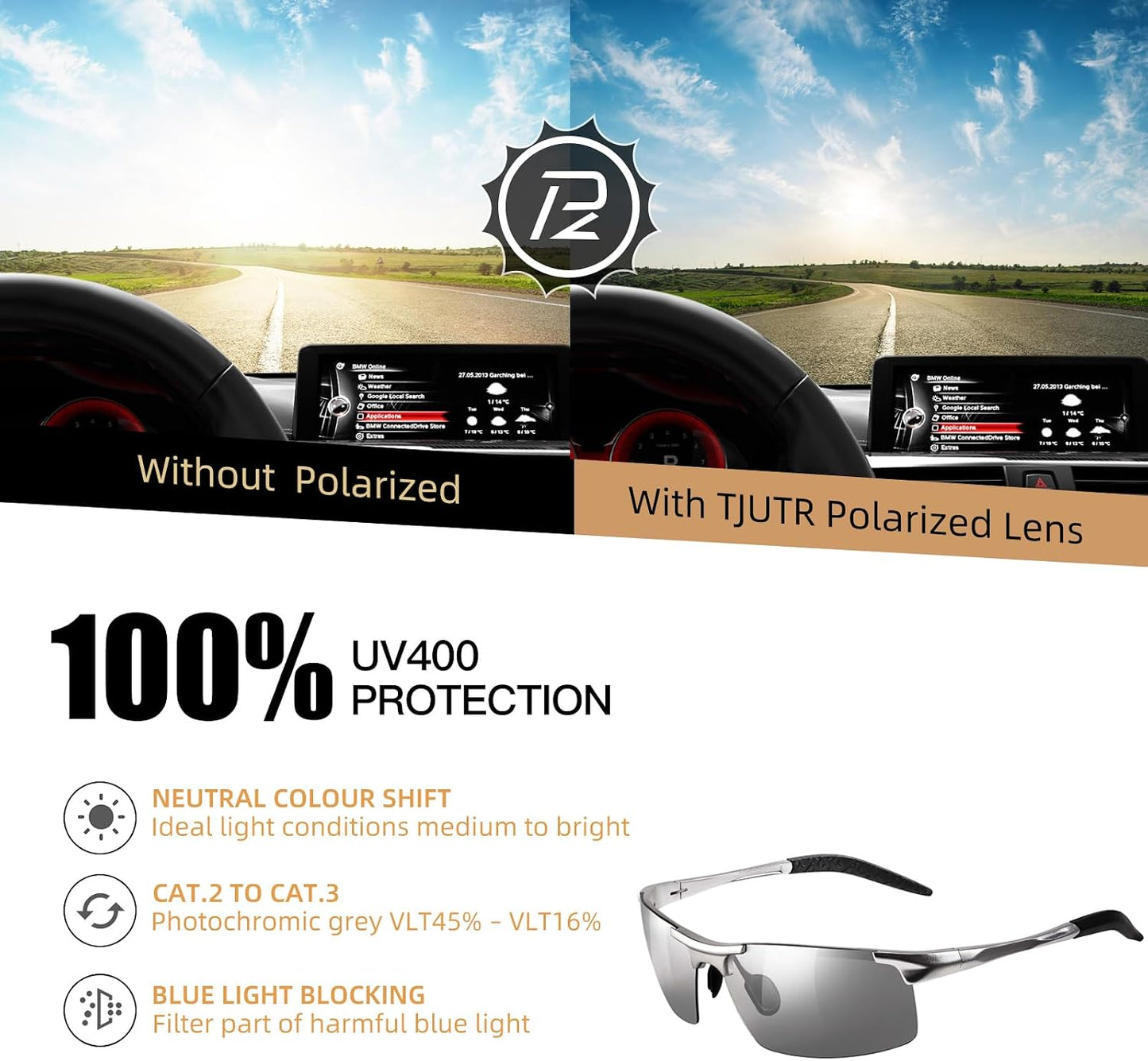 TJUTR Mens Photochromic Sunglasses Day & Night Driving Z87 Sun Glasses Polarized UV400 Protection Safety Glasses