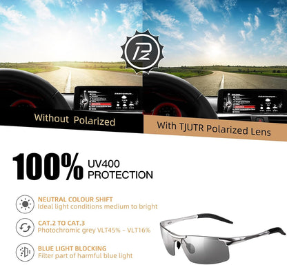 TJUTR Mens Photochromic Sunglasses Day & Night Driving Z87 Sun Glasses Polarized UV400 Protection Safety Glasses