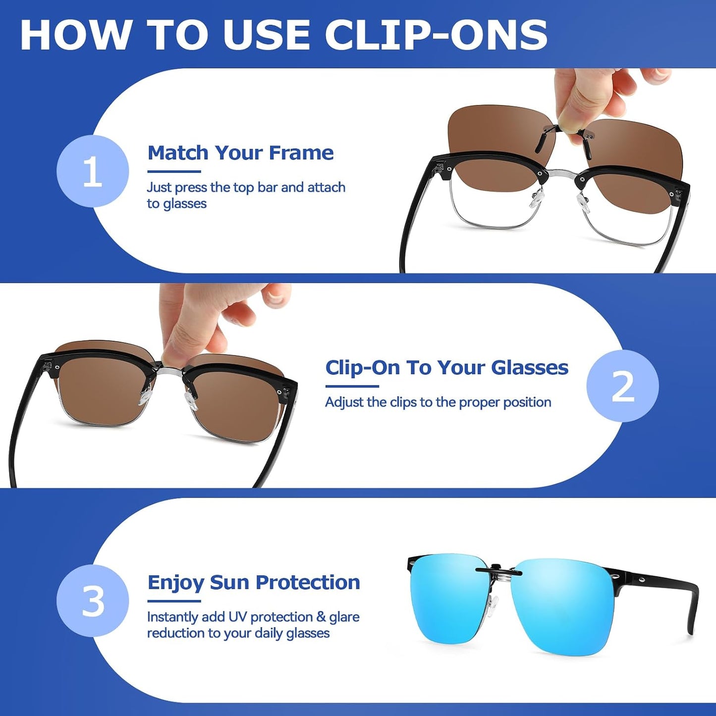 TJUTR Polarized Clip-On Sunglasses Over Prescription Glasses, Unisex UV400 Protection Anti-Glare Flip-Up Sun Clip Shades