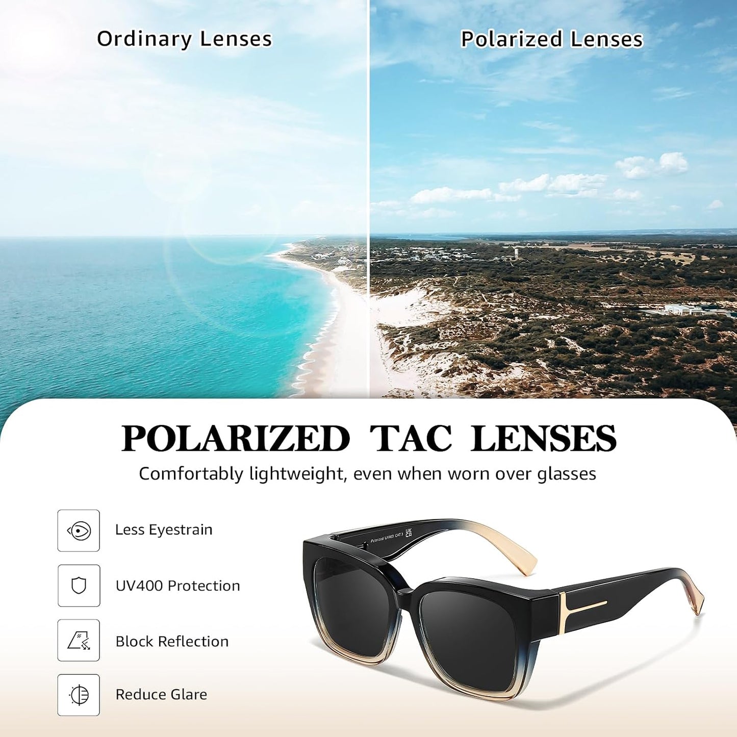 TJUTR Polarized Fit Over Glasses Sunglasses for Women Men, Oversized Square Wrap Around UV400 Protection Shades for Driving