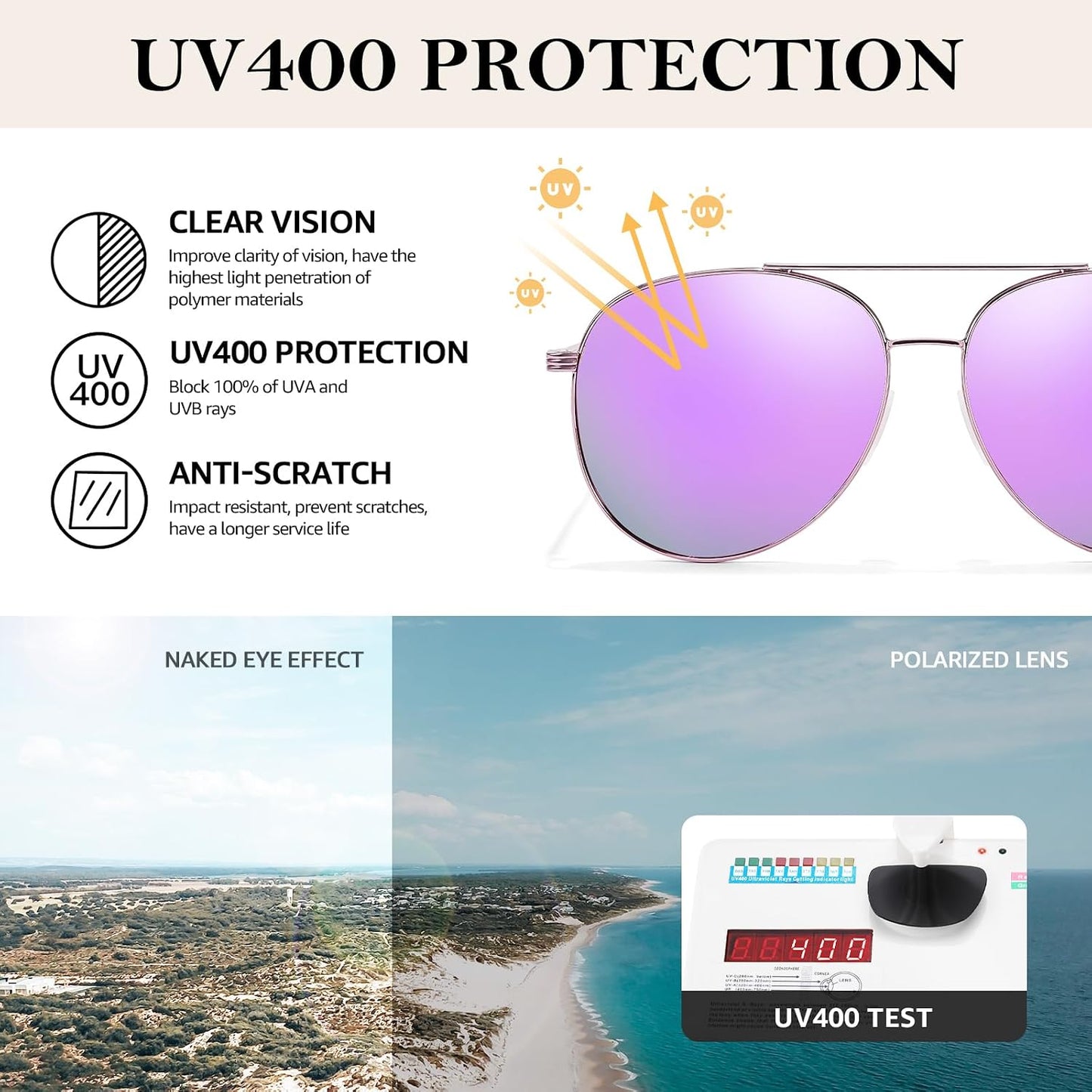 TJUTR Polarized Tangle Free Aviator Sunglasses for Women & Men, UV400 Protection Trendy Shades, No-Snag Metal Frame Glasses