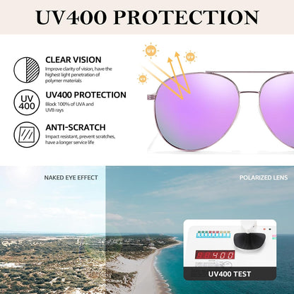 TJUTR Polarized Tangle Free Aviator Sunglasses for Women & Men, UV400 Protection Trendy Shades, No-Snag Metal Frame Glasses