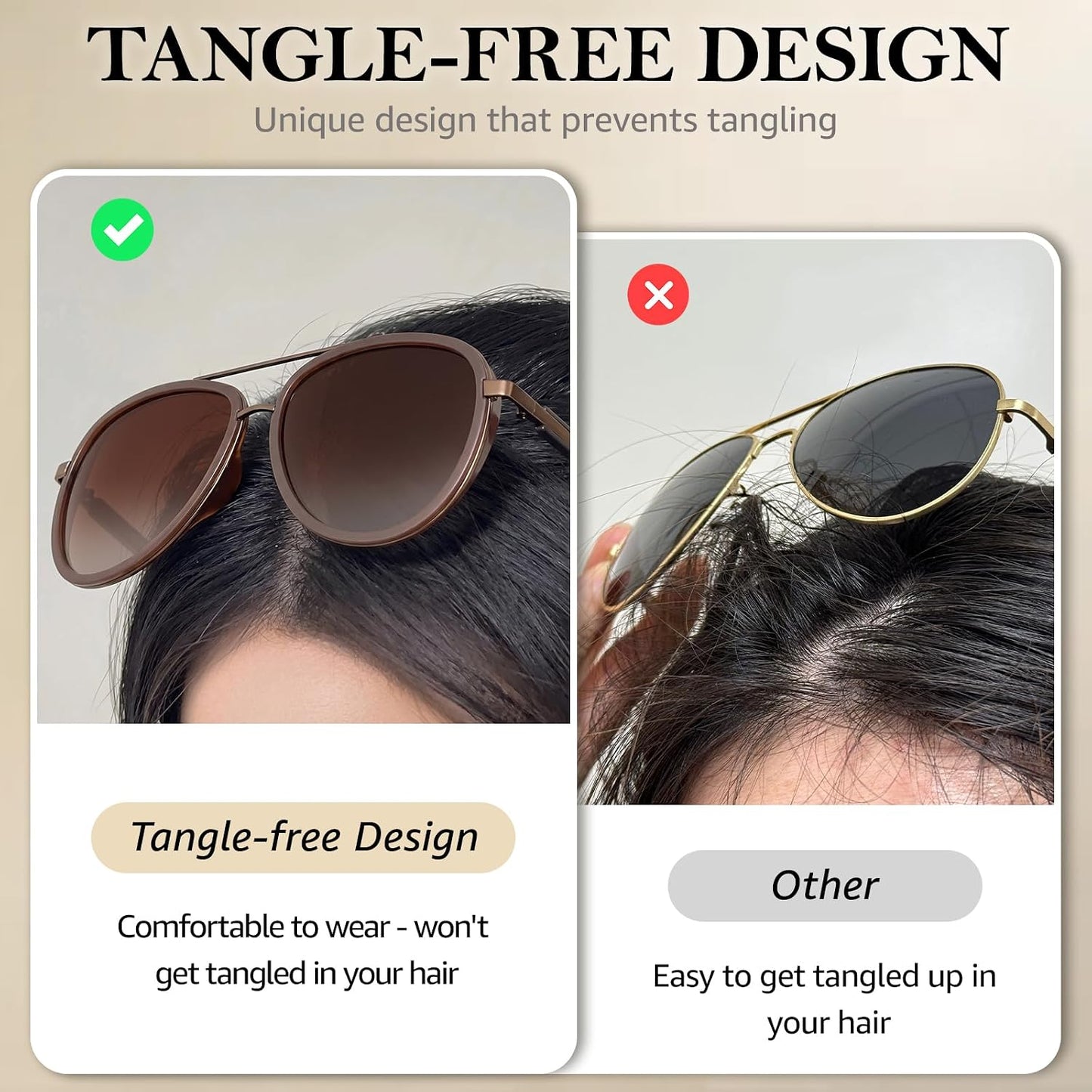 TJUTR Tangle‑Free Aviator Sunglasses for Women & Men, No-Snag TR90 Frame Polarized UV400 Protection Shades for Driving TS2610