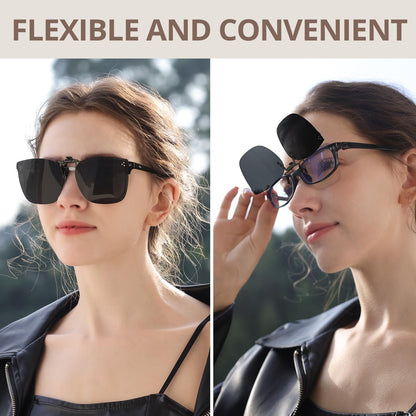TJUTR Oversized Polarized Clip On Sunglasses Over Prescription Glasses, Flip-Up Metal Clip, Anti Glare UV Protection