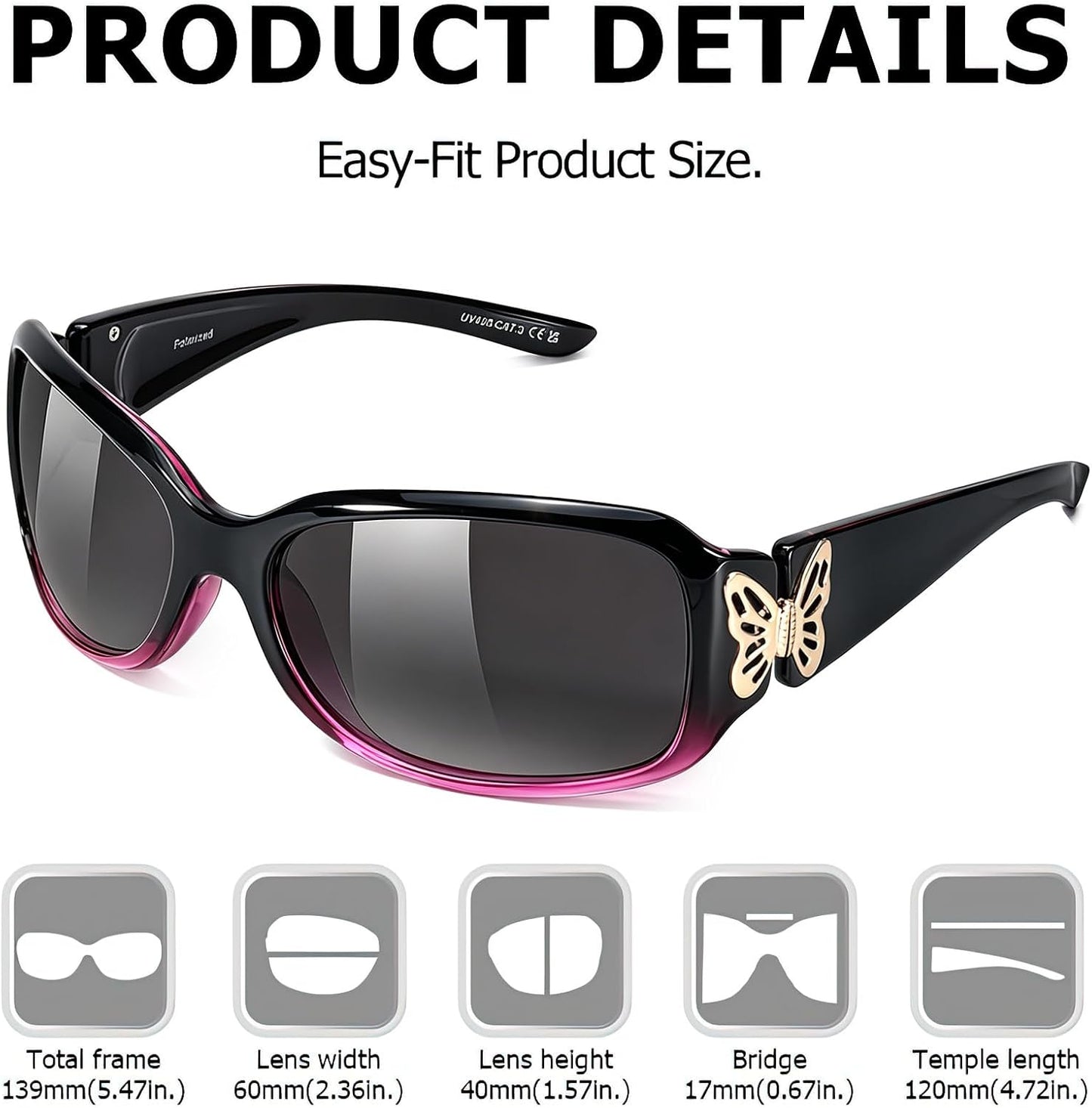 TJUTR Polarized Sunglasses for Women with Wrap Around Butterfly Design, Trendy Jackie-O Style for UV400 Protection